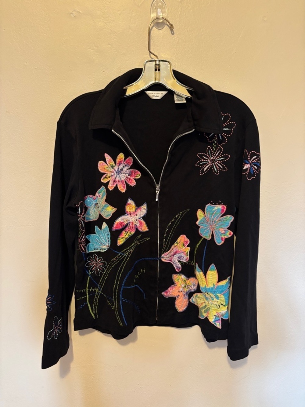 Laura Ashley Black Zip Jacket with Multicolor Floral Appliqués